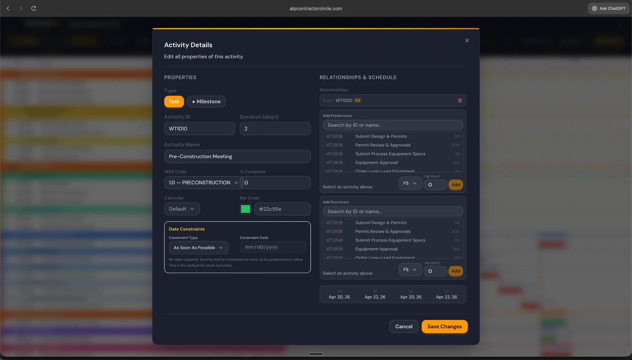 Activity Details — edit properties, relationships, and schedule