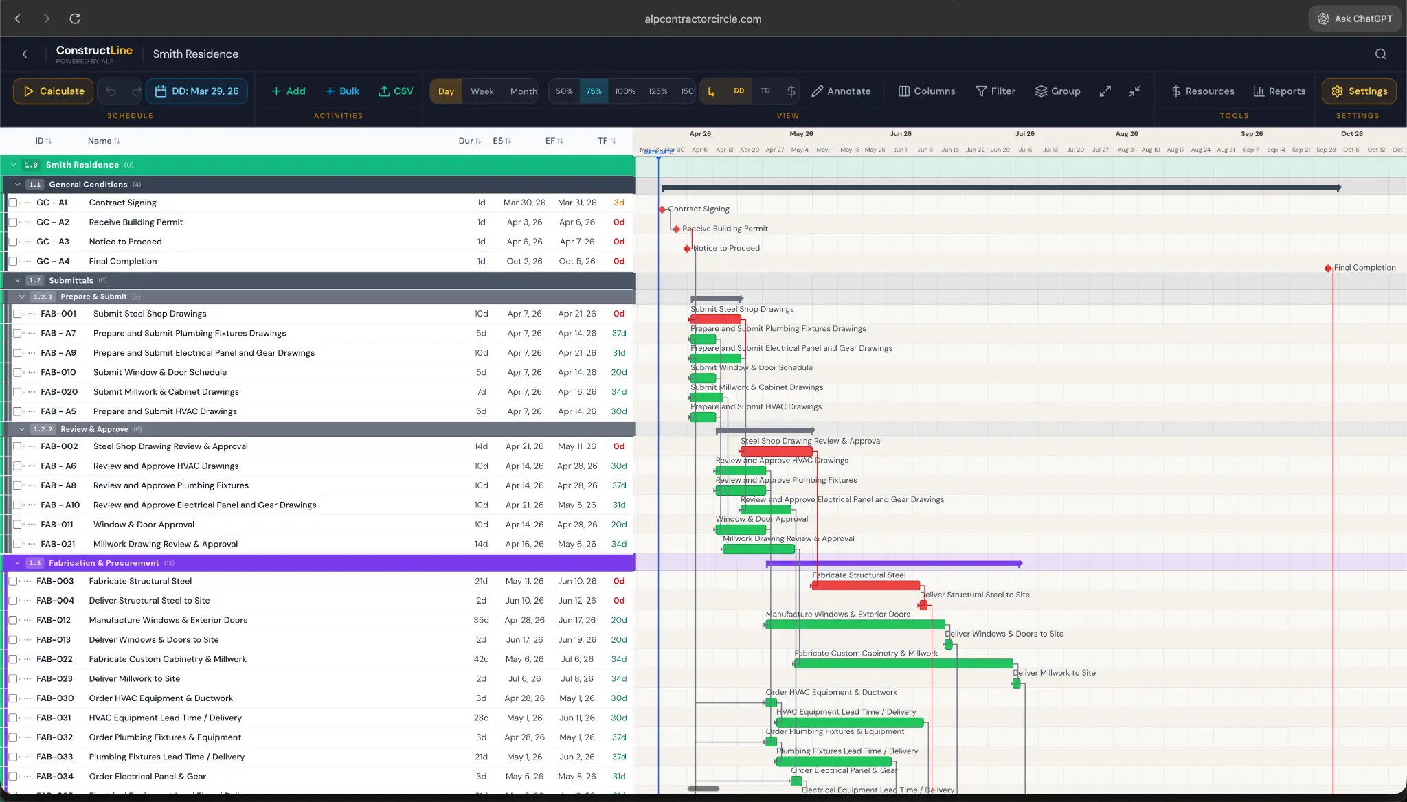 ConstructLine CPM Scheduler — Smith Residence with submittals, fabrication, and procurement tracking