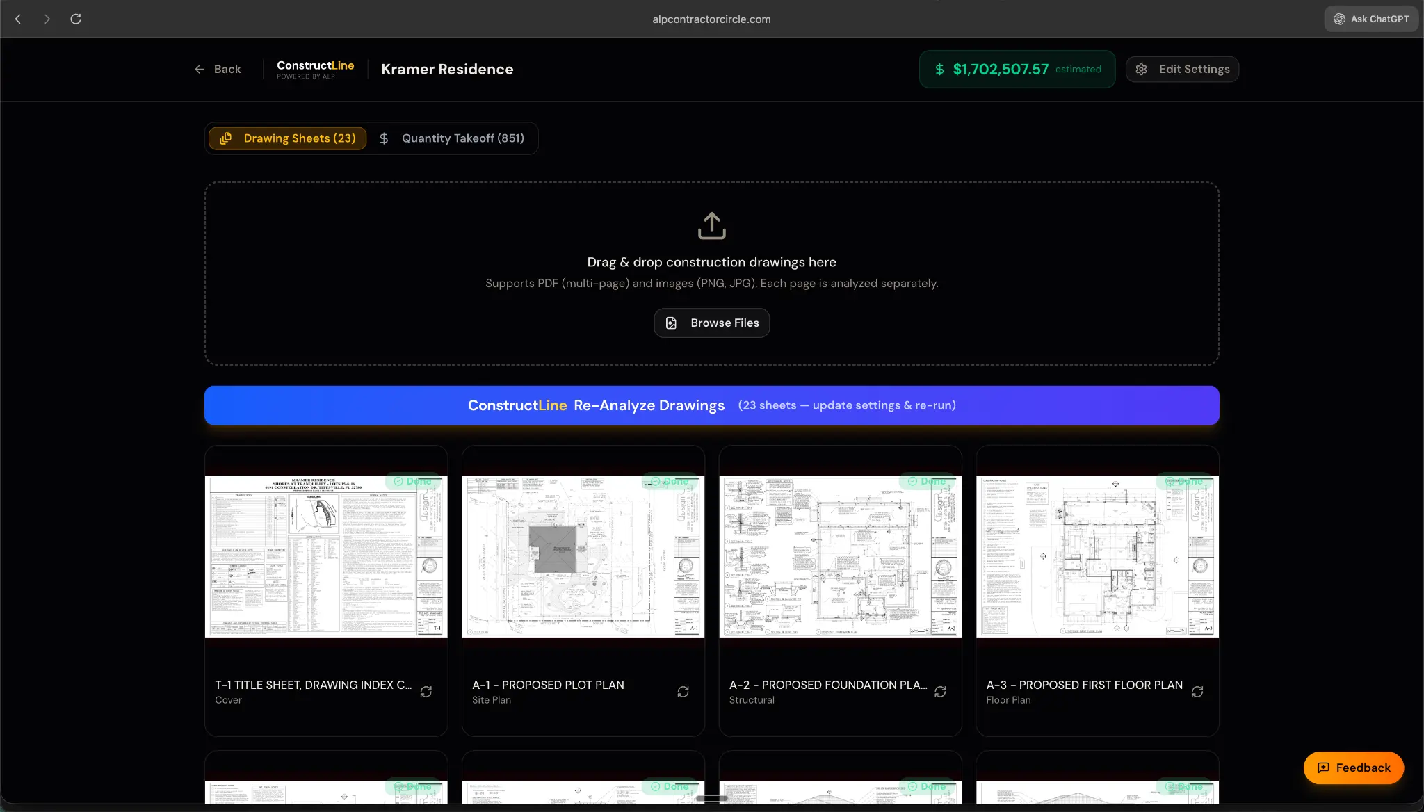 ConstructLine Quantity Takeoff — Drawing Sheets with 23 analyzed construction plans